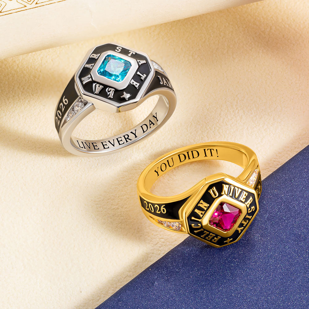 Personalized Square Birthstone Class Ring with Engraved Text and Zircons Graduation Anniversary Gift for Graduates