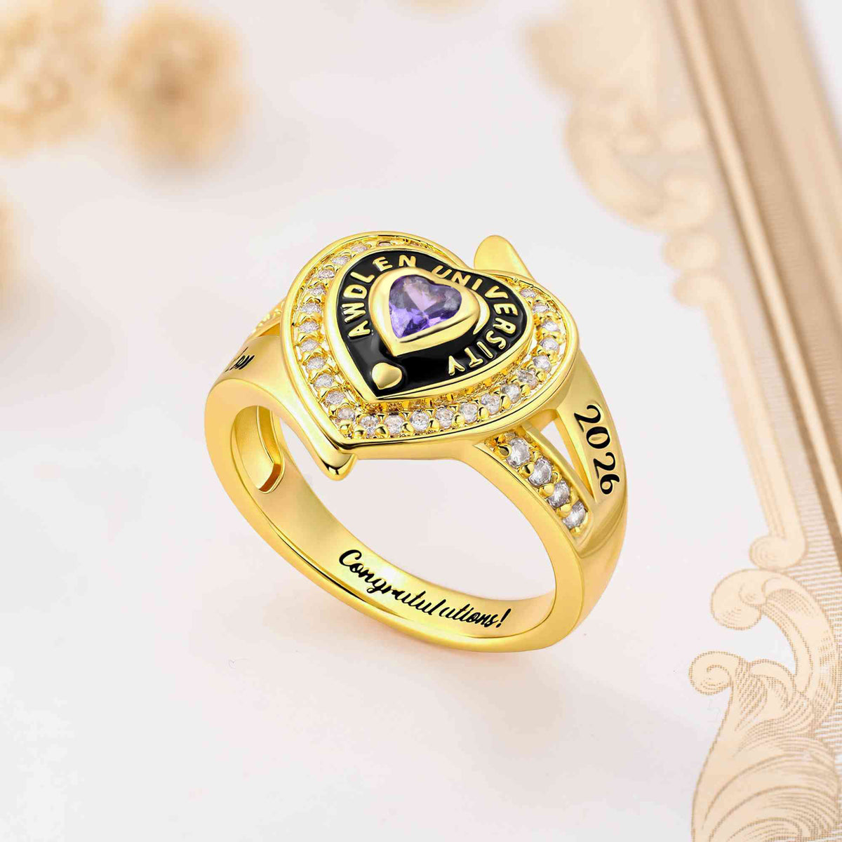 Personalized Zircon Heart Birthstone Sterling Silver Ring with Engraved Name Year and Text Birthday Anniversary Graduation Gift for Graduates