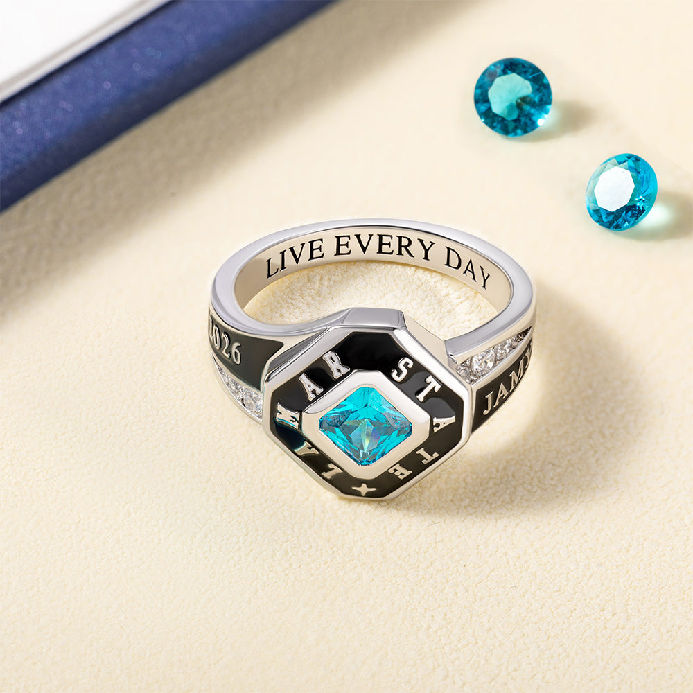 Personalized Square Birthstone Class Ring with Engraved Text and Zircons Graduation Anniversary Gift for Graduates