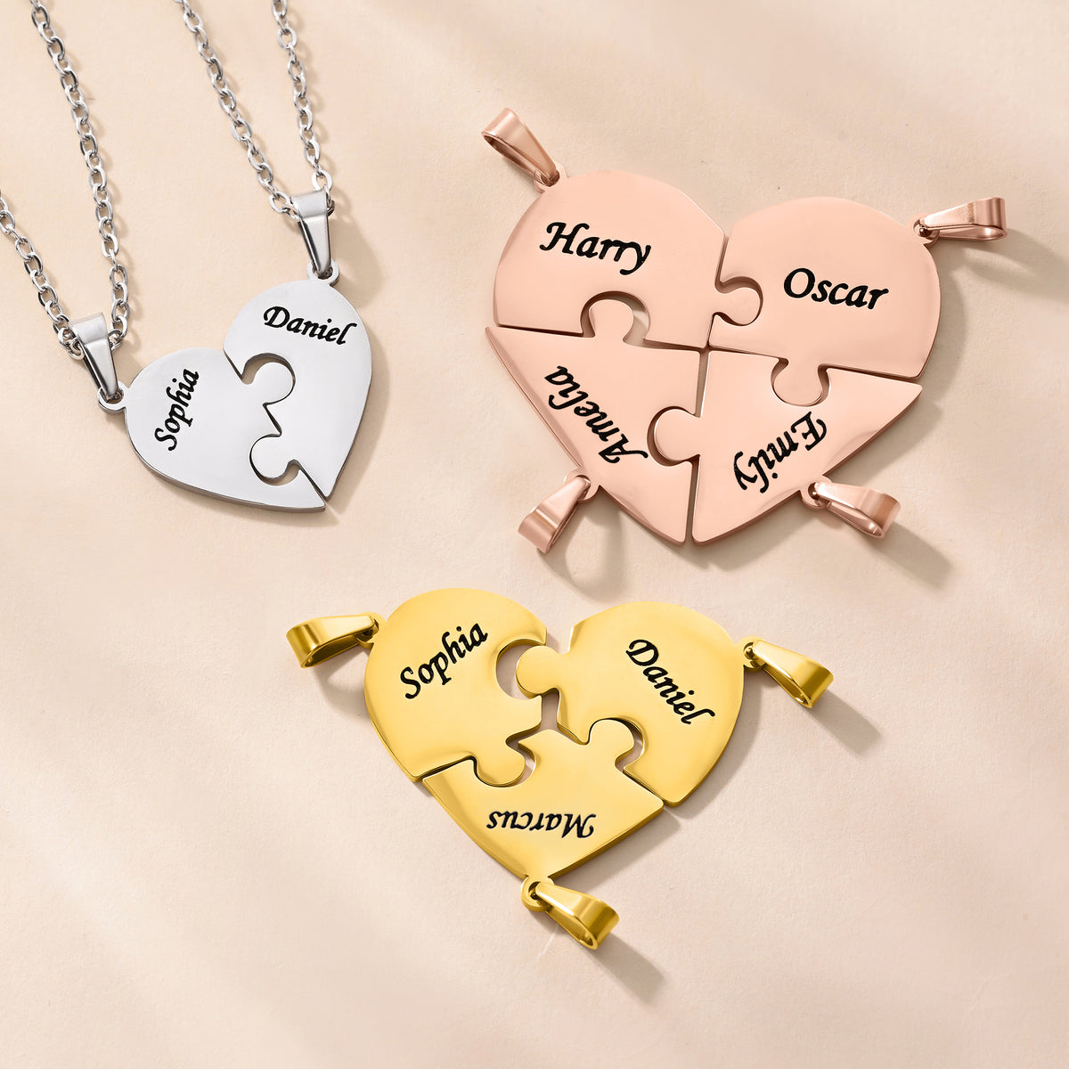 Personalized Exquisite Heart Puzzle 2-8 Pcs Necklace with Engraved Names Birthday Anniversary Mother's Day Gift for Family Friends Couples