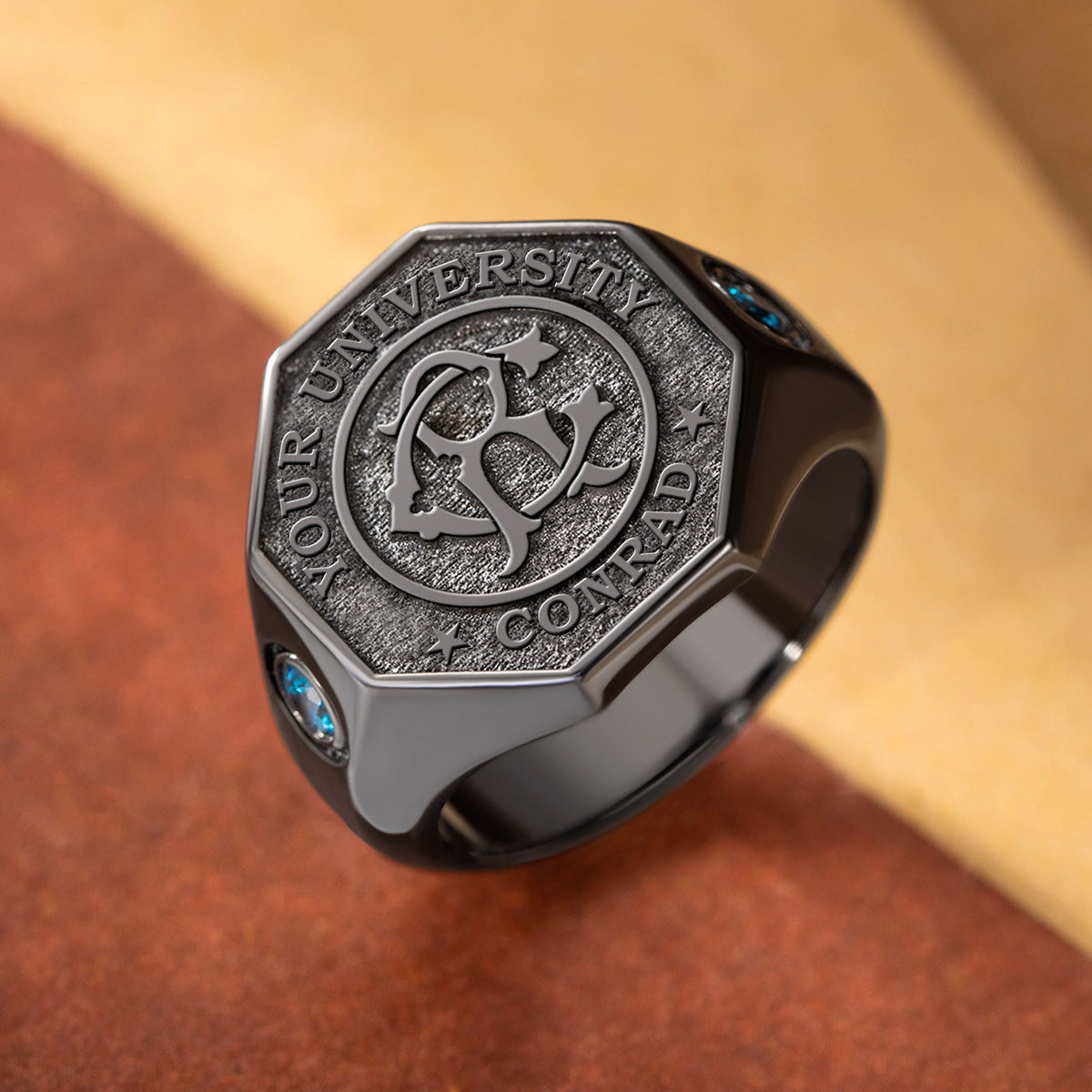 Personalized Retro Monogram Birthstones Signet Ring with Engraved Name and School Name Graduation Birthday Gift for Graduates Classmates