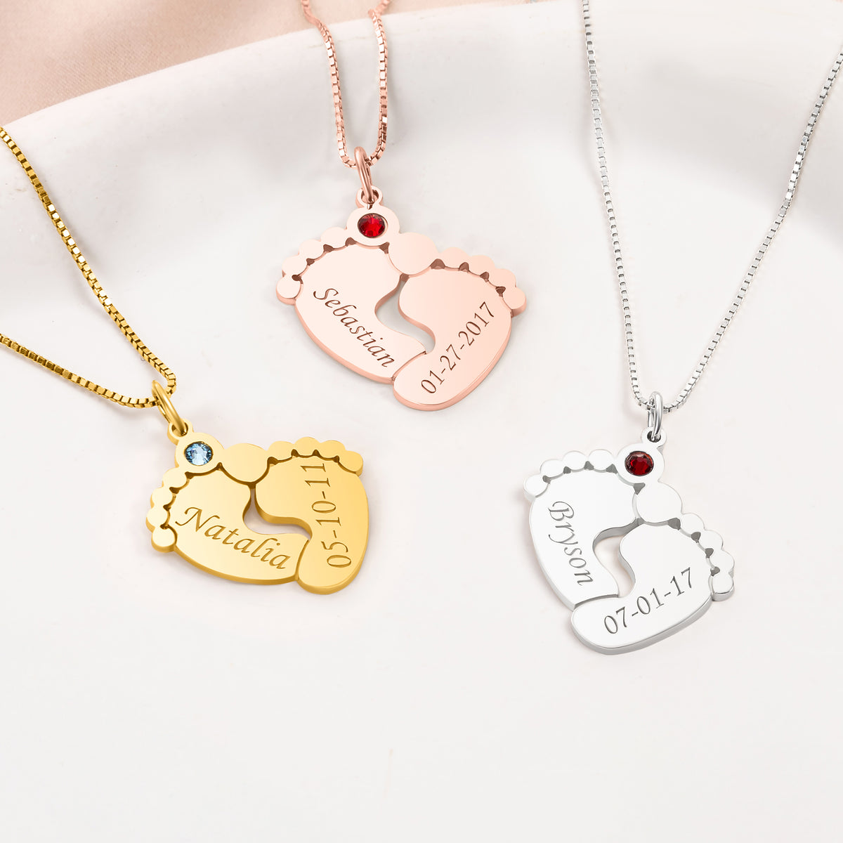Personalized Baby Feet Pendant Birthstone Necklace with Engraved Text Birth Announcement Birthday Baby Shower Gift for Baby New Mom