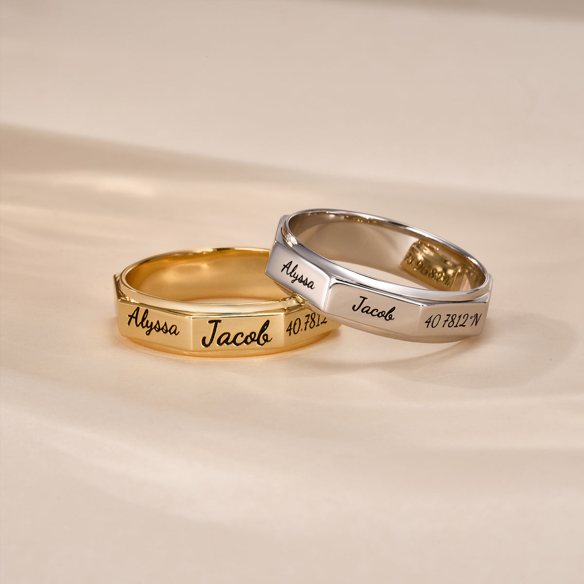 Personalized Sterling Silver Octagonal Family Ring with Engraved 1-8 Names Birthday Mother's Day Gift for Mom Family