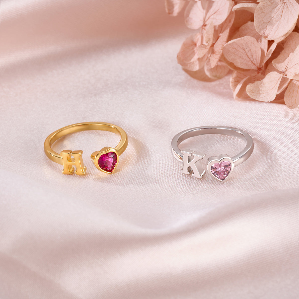 Personalized Heart Birthstone Adjustable Open Ring with Initial Dainty Jewelry Birthday Anniversary Gift for Women Girls