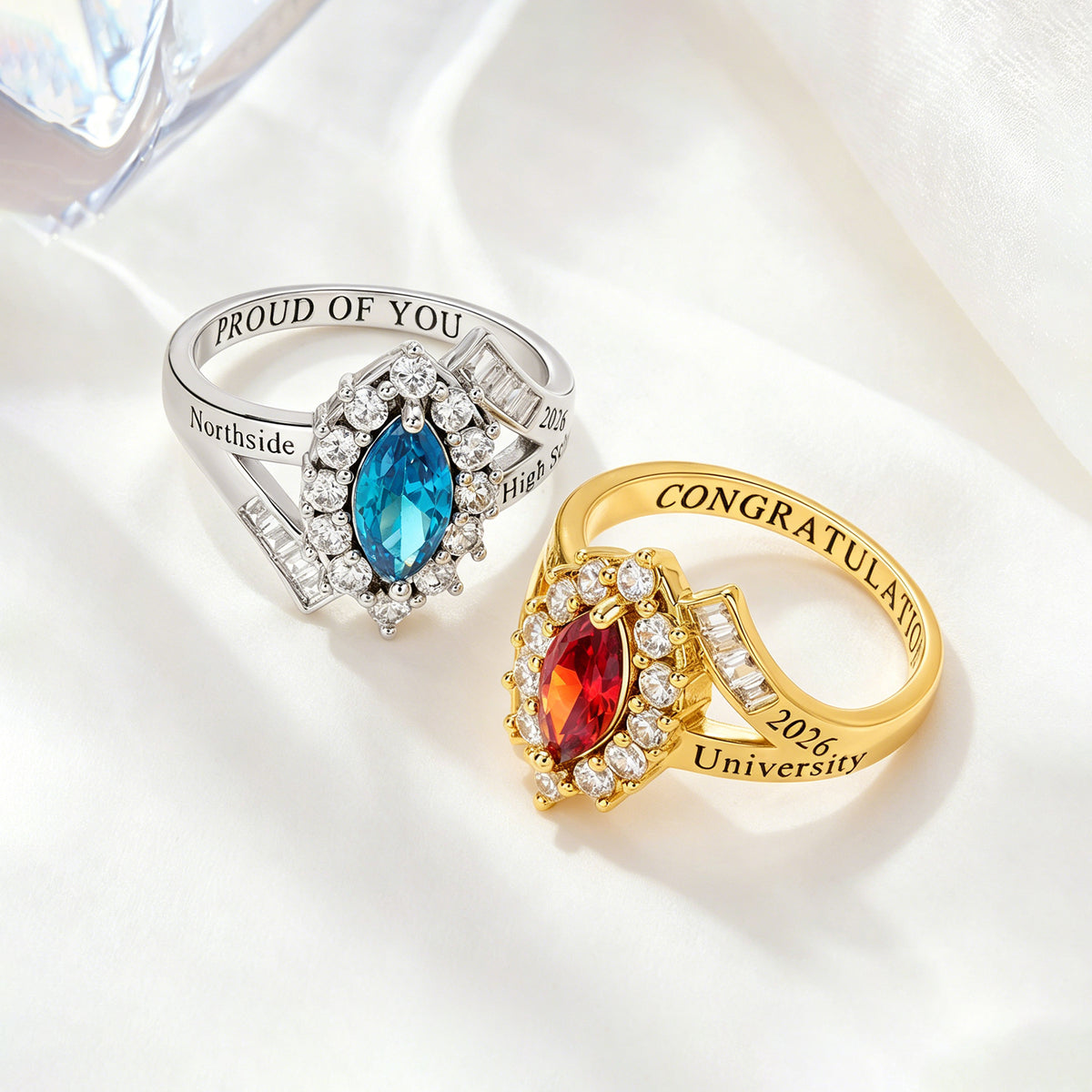 Personalized Marquise Birthstone Sterling Silver Class Ring with Engraved Text Graduation Birthday Gift for Graduates