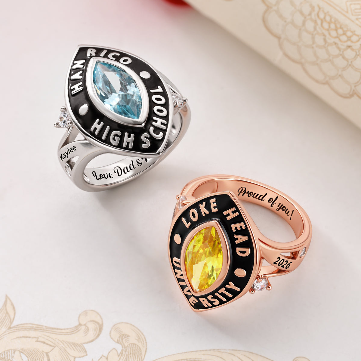Personalized Birthstone Sterling Silver Graduation Class Ring with Text and School Name Graduation Ceremony Senior Night Gift for Graduates