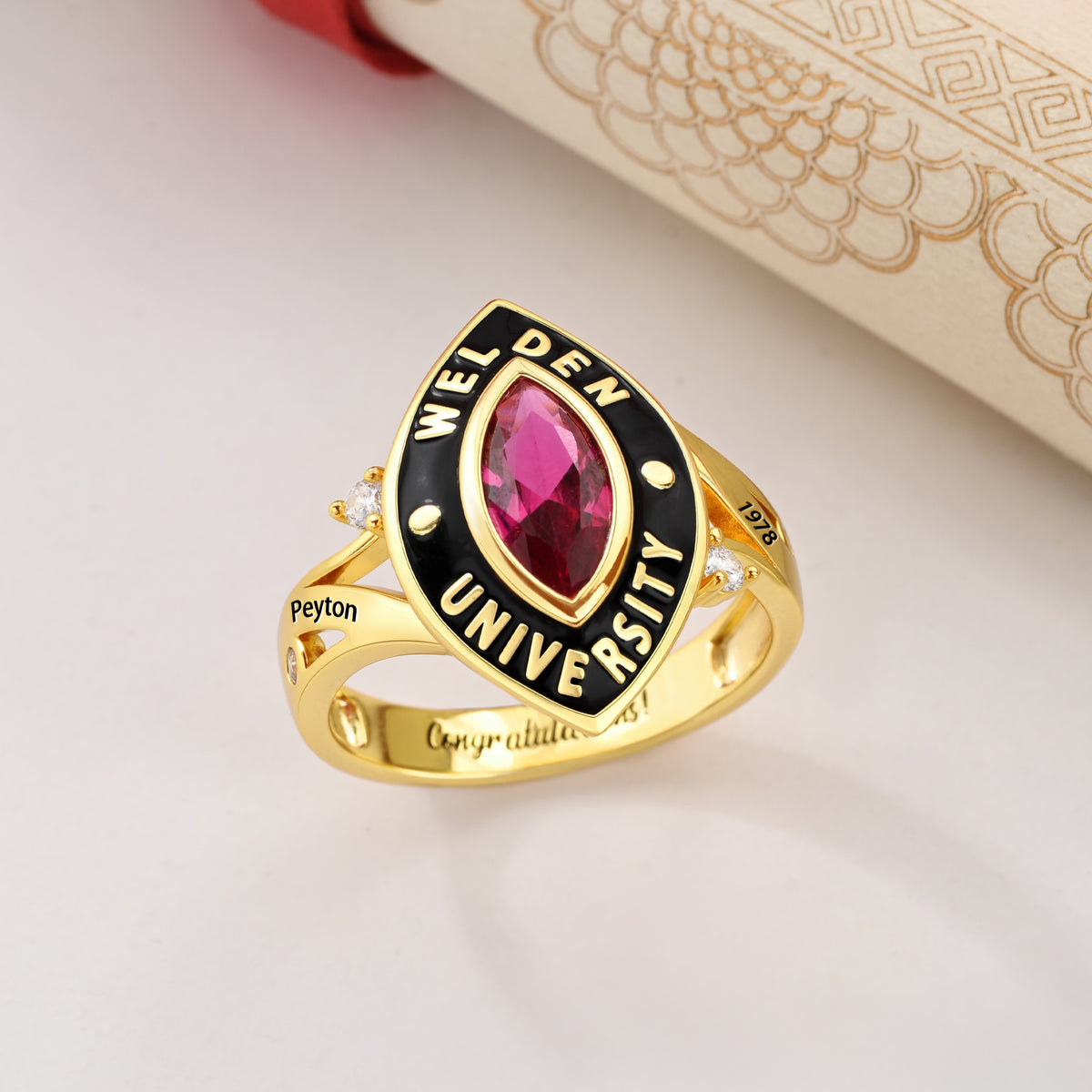 Personalized Birthstone Sterling Silver Graduation Class Ring with Text and School Name Graduation Ceremony Senior Night Gift for Graduates