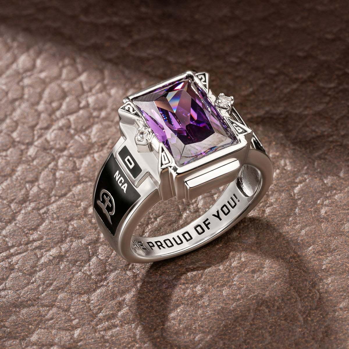 Personalized Birthstone Graduation Symbol Sterling Silver Man Ring with Text and Year Graduation Ceremony Party Gift for Graduates