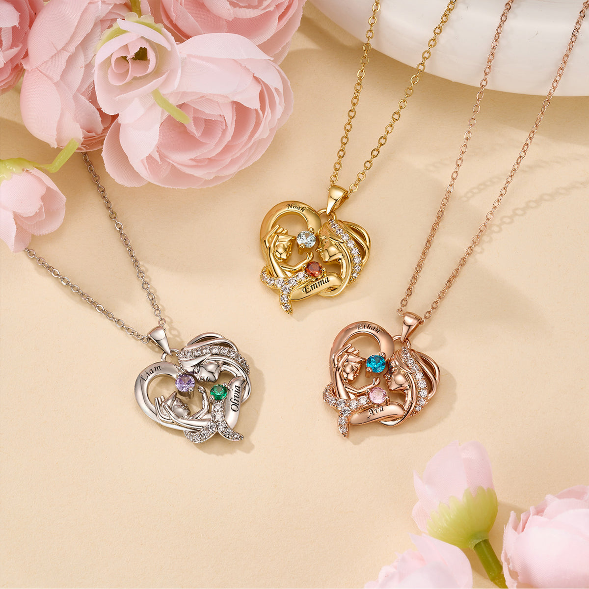 Personalized Dainty Mother and Child Birthstone Necklace with Engraved Mom and Kid Name Birthday Mother's Day Gift for Mom Grandma Woman