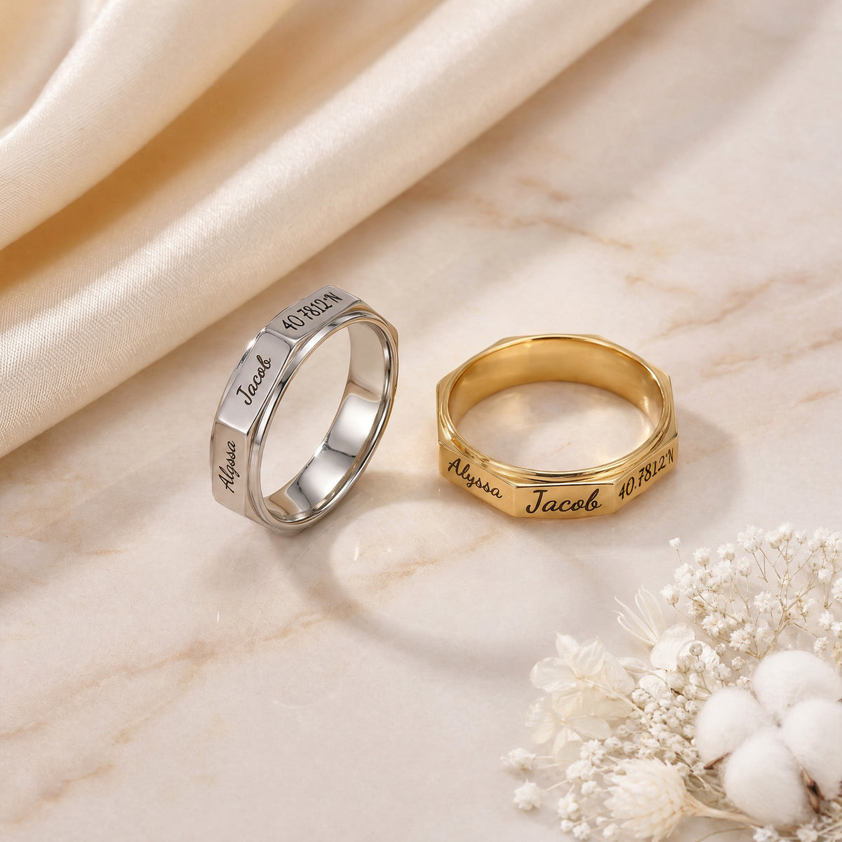 Personalized Sterling Silver Octagonal Family Ring with Engraved 1-8 Names Birthday Mother's Day Gift for Mom Family