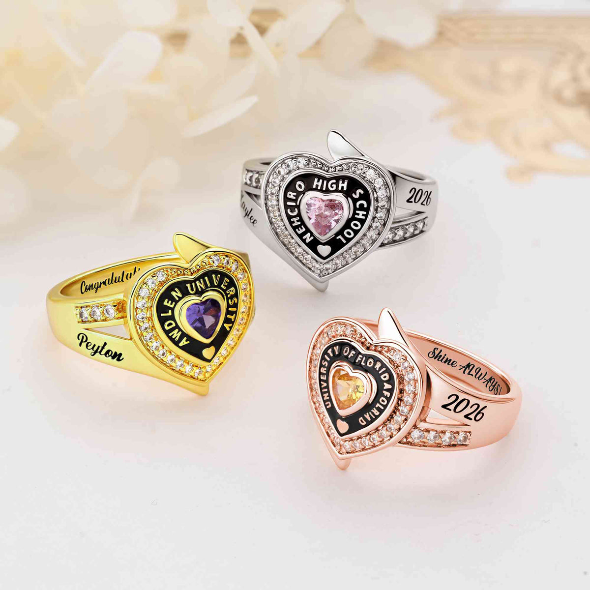 Personalized Zircon Heart Birthstone Sterling Silver Ring with Engraved Name Year and Text Birthday Anniversary Graduation Gift for Graduates