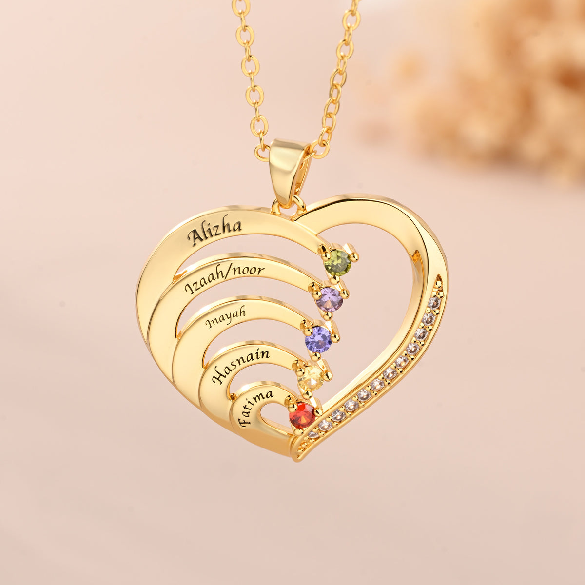 Personalized Family Heart Pendant Sterling Silver Necklace with 1-6 Engraved Names and Birthstones Mother's Day Birthday Gift for Mom Grandma