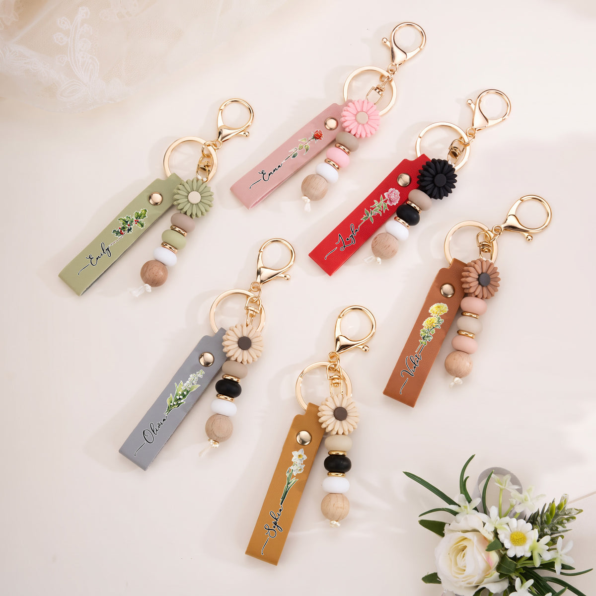 Personalized Birth Flower PU Leather Keychain with Name and Daisy Bead Charm Daily Use Birthday Gift for Family Friends
