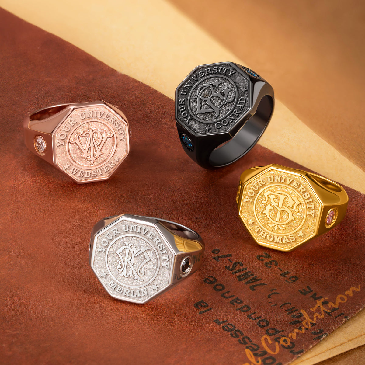 Personalized Retro Monogram Birthstones Signet Ring with Engraved Name and School Name Graduation Birthday Gift for Graduates Classmates