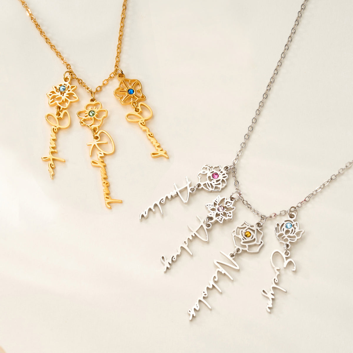 Personalized 1-8 Birth Flower Birthstone Necklace with Name Dainty Jewelry Birthday Anniversary Christmas Gift for Grandma Mom Women