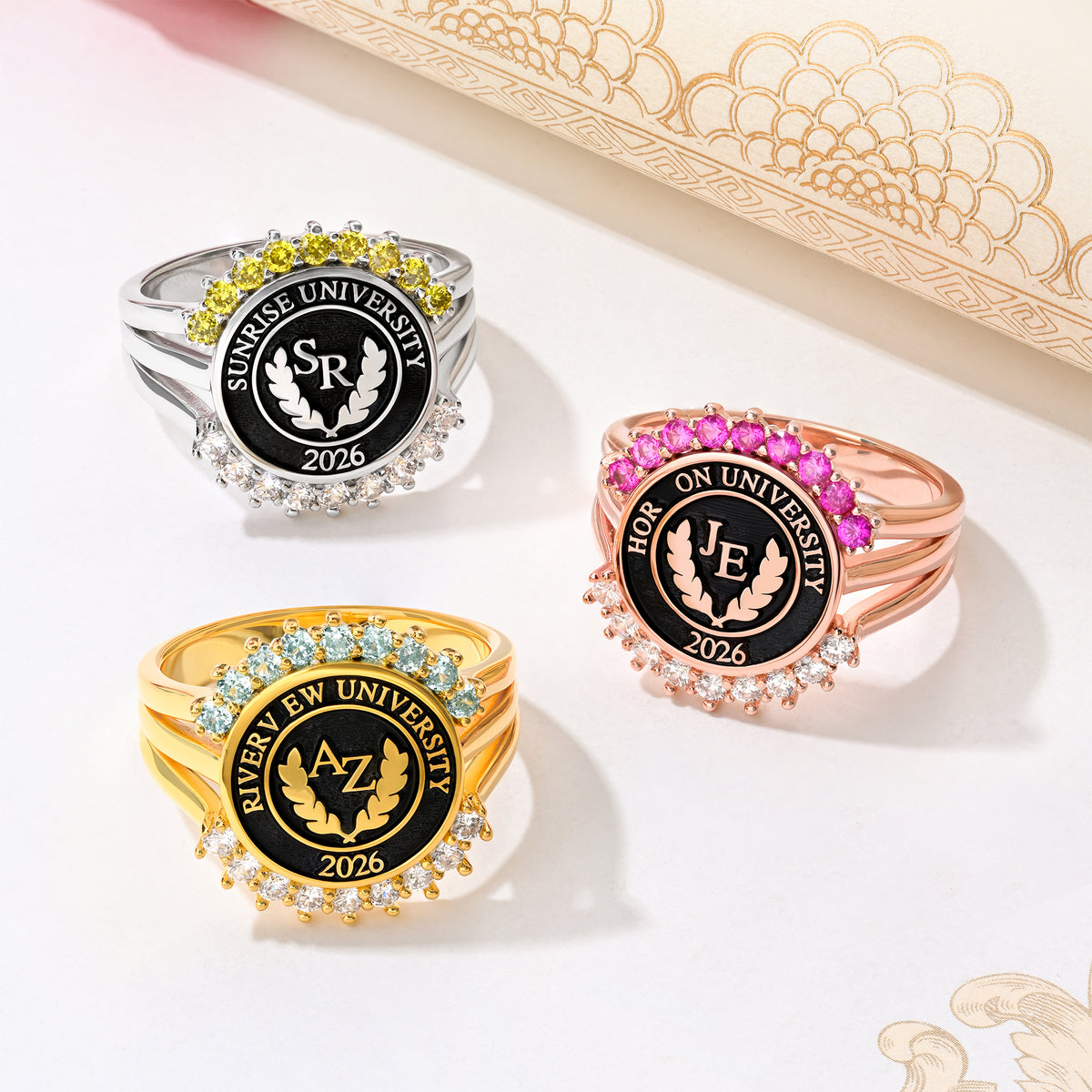 Personalized Birthstone Initial Graduation Signet Ring with Year and Text Graduation Keepsake Gift for University Graduates