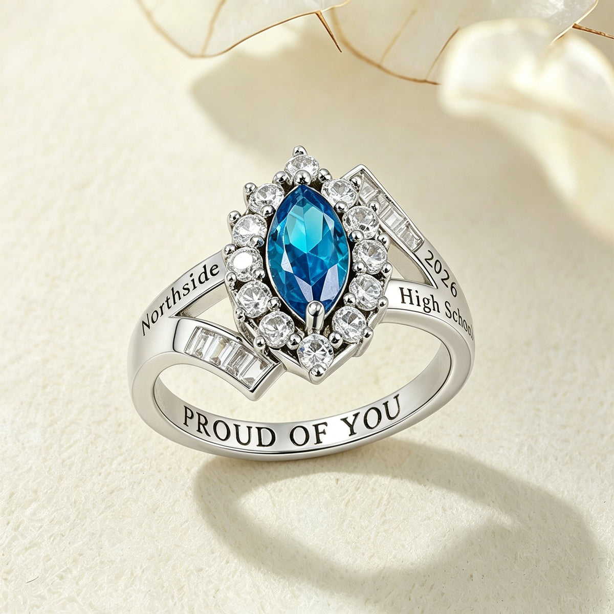Personalized Marquise Birthstone Sterling Silver Class Ring with Engraved Text Graduation Birthday Gift for Graduates