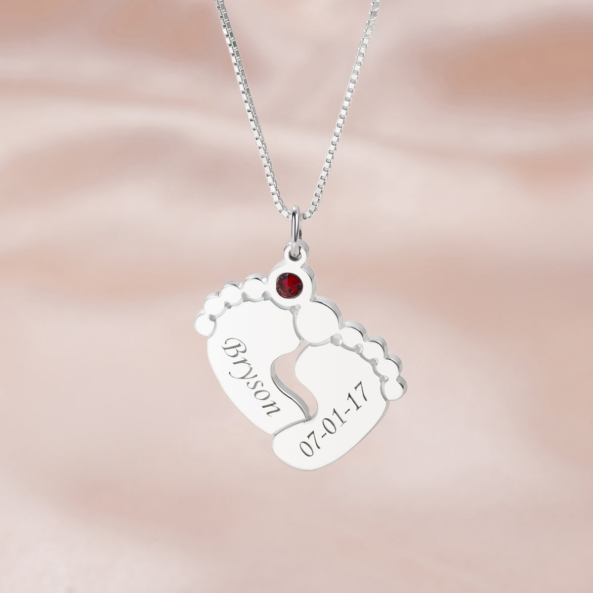 Personalized Baby Feet Pendant Birthstone Necklace with Engraved Text Birth Announcement Birthday Baby Shower Gift for Baby New Mom